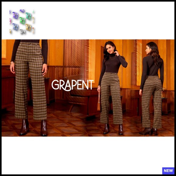 Wide Leg Plaid Trousers High Waisted Elastic Waist Business Casual Chic Work - Picture 7 of 7